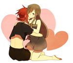  1boy 1girl back bare_shoulders barefoot blue_eyes blush brown_hair couple dress frills hair_over_one_eye long_hair luke_fon_fabre midriff open_mouth red_hair tales_of_(series) tales_of_the_abyss tear_grants wavy_mouth 
