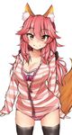  animal_ears black_legwear bra breasts cleavage collarbone eyebrows_visible_through_hair fate/extra fate_(series) fox_ears fox_tail hair_ribbon highres large_breasts light_smile looking_at_viewer open_mouth panties pink_bra pink_hair pink_panties ribbon simple_background soles solo striped_hoodie tail tamamo_(fate)_(all) tamamo_no_mae_(fate) thighhighs underwear white_background yellow_eyes zeroyama 