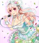  :d bangs blush breasts choker cleavage collarbone commentary confetti dodmsdk double-breasted fingernails food food_themed_clothes food_themed_hair_ornament frilled_choker frills glint hair_ornament headphones highres holding holding_microphone large_breasts long_hair looking_at_viewer macaron microphone music nitroplus open_mouth pink_background pink_eyes pink_hair ribbon_trim round_teeth sidelocks singing sleeveless smile solo striped striped_background super_sonico teeth veil vertical-striped_background vertical_stripes wrist_cuffs 