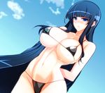  bangs bare_arms bare_shoulders bikini black_bikini black_hair blue_eyes blue_sky blunt_bangs blush breasts collarbone commentary_request cowboy_shot day groin ikaruga_(senran_kagura) large_breasts long_hair looking_at_viewer micro_bikini navel nose_blush outdoors parted_lips puropera_(puropera) senran_kagura senran_kagura_shoujo-tachi_no_shin'ei sidelocks sky smile solo stomach string_bikini sweat swimsuit very_long_hair 