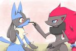  2016 ambiguous_gender anthro black_fur blue_eyes blue_fur blush claws cormorants_j duo food fur grey_fur hair lucario nintendo pink_hair pocky_(food) pok&eacute;mon red_eyes simple_background standing sweat video_games zoroark 