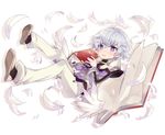  angel angel_wings blush book feathers full_body halo looking_at_viewer low_wings luke_venus male_focus mini_wings natsu_(728) open_mouth pointy_ears pop-up_story purple_eyes sandals school_uniform silver_hair smile solo st._feles_gakuen_uniform white_background wings 