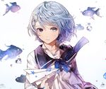  1girl blue_bow blue_eyes blue_hair blue_ribbon bow bubble fish_hair_ornament hair_ornament heterochromia holding holding_paper kim_eb looking_at_viewer original paper paper_airplane purple_eyes ribbon solo 