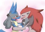  2016 ambiguous_gender anthro black_fur blue_eyes blue_fur blush claws cormorants_j duo eye_contact fur grey_fur hair kissing lucario nintendo open_mouth orange_eyes pok&eacute;mon red_hair saliva saliva_string simple_background standing tongue tongue_out video_games zoroark 