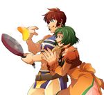  1boy 1girl abs ahoge armor belt blue_eyes brown_eyes choker cooking dress farah_oersted green_hair open_mouth pants red_hair rid_hershel short_hair tales_of_(series) tales_of_eternia tongue 