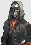 alternate_costume artist_name black_hair blackwatch_genji cable cyborg genji_(overwatch) hands_in_pockets highres hood hooded_jacket hoodie jacket male_focus mask open_clothes open_jacket overwatch red_eyes sae_(revirth) simple_background solo 