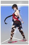  alternate_costume ass bandaged_arm bandages bare_shoulders black_hair braid full_body highres leggings looking_at_viewer shoes shorts single_braid smile solo tales_of_(series) tales_of_berseria torn_clothes tusia velvet_crowe yellow_eyes 
