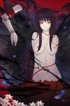  absurdres amputee black_hair blood bloody_tears breasts eggshell feathers flower hair_grab highres innocent_grey kara_no_shoujo kuchiki_touko long_hair looking_at_viewer magician_(china) medium_breasts nipples nude prosthesis prosthetic_arm red_eyes smile solo very_long_hair 