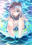  1girl aqua_eyes barefoot blue_hair blush feet hat hibiki_(kantai_collection) highres kantai_collection lifesaver long_hair looking_at_viewer one_leg_raised oyumaru0 serafuku smile soles toes water wink 