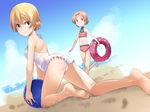  ass ball bangs barefoot beach beachball bikini blonde_hair blue_eyes braid breasts casual_one-piece_swimsuit closed_mouth cloud cloudy_sky darjeeling day dutch_angle eyebrows_visible_through_hair footprints frilled_swimsuit frills full_body girls_und_panzer halterneck holding innertube kneeling legs looking_at_viewer looking_back multiple_girls one-piece_swimsuit orange_bikini orange_hair orange_pekoe parted_bangs sand short_hair sky small_breasts smile swept_bangs swimsuit tabigarasu thighs tied_hair twin_braids walking white_swimsuit 