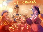  anthro big_breasts bikini breasts canine clothed clothing dessert dialogue female food group hair horn ice_cream male mammal neph scalie standing swimsuit 