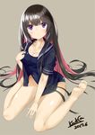  artist_name bangs barefoot black_hair black_serafuku blouse blush breasts cleavage closed_mouth collarbone dated eyebrows_visible_through_hair full_body grey_background kavka large_breasts long_hair long_legs looking_at_viewer medium_breasts multicolored_hair open_blouse open_clothes original pink_hair purple_eyes school_uniform serafuku short_sleeves signature simple_background sitting solo swimsuit thighs very_long_hair wariza 