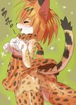  eyes_closed furry kemono_friends nukochi open_mouth orange_hair serval_(kemono_friends) short_hair 