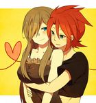  1boy 1girl abs aqua_eyes bare_shoulders blue_eyes blush breasts brown_hair cleavage couple frills hair_over_one_eye hug hug_from_behind long_hair luke_fon_fabre open_mouth red_hair short_hair smile tales_of_(series) tales_of_the_abyss tear_grants 