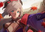  bare_shoulders blue_eyes breasts cleavage earrings fate/grand_order fate_(series) hair_ornament hsin jewelry large_breasts looking_at_viewer miyamoto_musashi_(fate/grand_order) pink_hair smile solo 