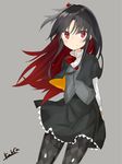  black_hair blush bow eyebrows_visible_through_hair hair_bow kavka long_hair long_sleeves multicolored_hair original pantyhose red_bow red_eyes red_hair signature simple_background smile solo 