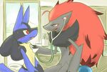  &lt;3 &lt;3_eyes 2016 ambiguous_gender anthro black_fur blue_eyes blue_fur blush cormorants_j duo eye_contact food fur grey_fur hair inside lucario nintendo open_mouth pocky_(food) pok&eacute;mon red_eyes red_hair standing stethoscope video_games window zoroark 