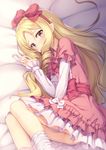  ass bangs bed_sheet blonde_hair blush bow criss-cross_halter dress drill_hair embarrassed eromanga_sensei eyebrows_visible_through_hair frilled_bow frills hair_bow hairband halterneck highres layered_sleeves legs_together lolita_fashion long_hair long_sleeves looking_at_viewer lying md5_mismatch on_side panties panties_around_one_leg parted_bangs petticoat pink_dress pink_panties pointy_ears red_hairband sash shiny shiny_skin socks solo sweat tomifumi underwear very_long_hair white_bow white_legwear yamada_elf 