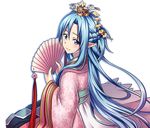  asuna_(sao) asuna_(sao-alo) blue_eyes blue_hair blush fan from_behind hair_between_eyes hair_ornament holding holding_fan japanese_clothes kimono long_hair looking_back official_art pink_kimono pointy_ears sitting smile solo sword_art_online sword_art_online:_code_register transparent_background very_long_hair 