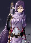  arm_armor belt bodysuit breasts cape commentary_request covered_navel cowboy_shot fate/grand_order fate_(series) fingerless_gloves gauntlets gloves hair_between_eyes highres holding holding_sword holding_weapon large_breasts long_hair long_sleeves looking_at_viewer minamoto_no_raikou_(fate/grand_order) night night_sky niwatazumi purple_eyes purple_hair sidelocks skindentation sky smile solo star_(sky) sword weapon 