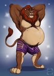  2016 anthro belly biceps big_belly brown_fur bulge clothed clothing dex_(ramzi) feline fur green_eyes hands_behind_head lion looking_at_viewer male mammal mane musclegut muscular overweight ramzi shorts smile topless zootopia_shorts 