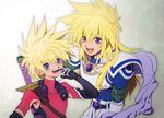  2boys armor belt blonde_hair blue_eyes blush elbow_gloves father_and_son gloves headband kyle_dunamis long_hair open_mouth short_hair stahn_aileron sword tales_of_(series) tales_of_destiny tales_of_destiny_2 weapon 