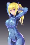  arms_behind_head arms_up black_background blonde_hair blue_bodysuit blue_eyes blush bodysuit breasts colored_eyelashes covered_navel covered_nipples cowboy_shot gradient gradient_background hair_between_eyes hair_flip large_breasts light_smile long_hair looking_at_viewer mamo_williams metroid ponytail samus_aran skin_tight solo standing varia_suit wide_hips zero_suit 