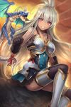  absurdres ahoge aki7 armor armored_dress breastplate dark_skin dragon dress gloves granblue_fantasy highres looking_at_viewer mini_dragon red_eyes ribbon short_dress thighhighs white_hair zooey_(granblue_fantasy) 