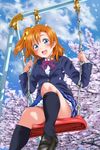  black_legwear blue_eyes blue_skirt blush bow bowtie cherry_blossoms hair_bow keisuke_(0320030103200301) kneehighs kousaka_honoka looking_at_viewer love_live! love_live!_school_idol_project one_side_up open_mouth orange_hair petals red_bow red_neckwear short_hair sitting skirt smile solo swing swing_set swinging teeth thighs yellow_bow 