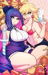  belly blonde_hair bra breasts candy cuffs dress earrings fat_folds food gun handcuffs jewelry large_breasts long_hair medium_breasts multiple_girls navel panties panty_&amp;_stocking_with_garterbelt panty_(psg) plump purple_hair saane short_dress shorts smile stocking_(psg) sword thick_thighs thighs unbuttoned_pants underwear weapon 