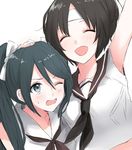  :d ^_^ arm_up bare_shoulders black_hair blue_eyes blue_hair blush closed_eyes collarbone commentary hair_ribbon hand_on_another's_head headband isuzu_(kantai_collection) kantai_collection long_hair morinaga_miki multiple_girls nagara_(kantai_collection) neckerchief one_eye_closed open_mouth ribbon school_uniform serafuku short_hair simple_background sleeveless smile sweatdrop twintails upper_body wavy_mouth white_background 
