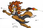  2017 action_pose anthro bullet canine clenched_teeth clothing dipstick_tail dress driprat female fox gun hair handgun holding_object holding_weapon long_hair looking_back mammal multicolored_tail nipples on_one_leg one_breast_out pistol ranged_weapon red_hair running shooting simple_background solo standing teeth wardrobe_malfunction weapon white_background 