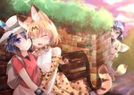  animal_ears backpack bag black_gloves black_hair blonde_hair blush bow bowtie brown_eyes closed_eyes commentary_request common_raccoon_(kemono_friends) cross-laced_clothes elbow_gloves fennec_(kemono_friends) fox_ears fur_collar gloves hat hat_feather helmet higashimura high-waist_skirt japari_symbol kaban_(kemono_friends) kemono_friends lucky_beast_(kemono_friends) multicolored_hair multiple_girls one_eye_closed open_mouth pith_helmet raccoon_ears raccoon_tail red_shirt serval_(kemono_friends) serval_ears serval_print serval_tail shirt short_hair short_sleeves skirt sleeveless sleeveless_shirt striped_tail tail 