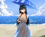  ahoge bare_shoulders beach black_hair blue_eyes blue_ribbon blue_sky blue_umbrella blurry blush breasts cleavage cloud collarbone day depth_of_field dress eyebrows_visible_through_hair head_tilt highres holding holding_umbrella horizon long_hair looking_at_viewer medium_breasts navel original outdoors parasol ribbon sand see-through see-through_silhouette shore sky sleeveless sleeveless_dress solo standing straight_hair sundress thigh_gap ukeuke umbrella very_long_hair water white_dress wrist_ribbon 