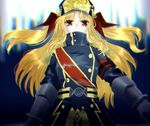  altair_(re:creators) altair_(re:creators)_(cosplay) blonde_hair bow commentary_request cosplay elbow_gloves fate_testarossa gloves hair_bow hat highres long_hair lyrical_nanoha mahou_shoujo_lyrical_nanoha military military_uniform partial_commentary re:creators red_bow red_eyes shako_cap solo terakawa twintails uniform upper_body 