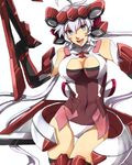  body_armor bodysuit breast_cutout breasts cleavage commentary_request covered_navel elbow_gloves gloves large_breasts leotard long_hair mokume purple_leotard senki_zesshou_symphogear silver_eyes silver_hair smile solo thigh_gap thighhighs thighs white_background yukine_chris 