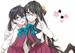  :d aqua-framed_eyewear black-framed_eyewear black_hair boots brown_eyes brown_footwear dress glasses green_eyes grin hair_between_eyes kantai_collection long_hair long_sleeves morinaga_miki multicolored_hair multiple_girls naganami_(kantai_collection) okinami_(kantai_collection) one_eye_closed open_mouth pink_hair purple_dress shirt short_hair side_ponytail sleeveless sleeveless_dress smile very_long_hair white_background white_shirt 