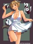  absurdres alcohol alternate_costume animal_ears arm_up backless_dress backless_outfit barefoot blonde_hair bottle bow brave_witches breasts brown_eyes character_name cleavage collarbone commentary cup dog_ears dog_tail dress drinking_glass extra_ears halterneck head_tilt highres hiroshi_(hunter-of-kct) large_breasts light_brown_hair looking_at_viewer no_bra open_mouth panties pantyshot shadow short_dress short_hair sideboob skirt_hold smile solo standing standing_on_one_leg tail underwear waltrud_krupinski white_dress wine wine_bottle wine_glass world_witches_series 