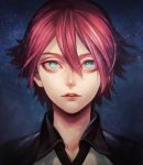  1boy absurdres blue_eyes character_request collared_shirt commentary_request hair_between_eyes highres inazuma_eleven_(series) looking_at_viewer male_focus murasaki_(fioletovyy) parted_lips portrait red_hair red_lips shirt solo sparkling_eyes wing_collar 