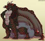  2016 abs biceps black_scales black_tail blue_eyes boxers_(clothing) bulge claws clothed clothing deonwolf digital_media_(artwork) dragon ear_fins fearghus fin full-length_portrait grey_bottomwear grey_claws grey_clothing grey_horn grey_scales grey_tail grey_underwear hand_behind_head hand_on_hip head_fin horn hyper hyper_bulge looking_at_viewer male membranous_wings muscular muscular_male open_mouth pecs portrait quadruped red_scales red_stripes red_tail scales scalie shadow simple_background solo striped_scales striped_tail stripes tail_fin taur underwear watermark wings 