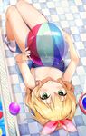  :&gt; ahoge ball bare_arms bare_legs bare_shoulders beachball blonde_hair blue_swimsuit bow bvucki36gzoeq1c checkered checkered_floor eyebrows_visible_through_hair fingernails full_body green_eyes hair_bow hairband highres idolmaster idolmaster_cinderella_girls looking_at_viewer lying medium_hair new_school_swimsuit on_back outdoors pink_hairband sakurai_momoka school_swimsuit shiny shiny_clothes shoes smile socks solo sweat swimsuit upside-down uwabaki water wet white_footwear white_legwear 