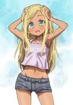  :d armpits arms_up blonde_hair blue_eyes breasts bright_pupils camisole contrapposto cowboy_shot crop_top dark_skin denim denim_shorts gazacy_(dai) hands_on_own_head highres idolmaster idolmaster_cinderella_girls layla_(idolmaster) long_hair looking_at_viewer midriff navel open_mouth short_shorts shorts sidelocks small_breasts smile solo standing 