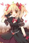  1girl :3 :d animal_ears argyle argyle_background atobesakunolove black_cat_d.va black_dress black_gloves blonde_hair blush bow bowtie brown_eyes cat_ears commentary_request d.va_(overwatch) dress earrings fang gloves gradient gradient_background hair_bow hand_up heart highres jewelry looking_at_viewer open_mouth overwatch pink_bow pink_neckwear signature smile solo standing twintails 