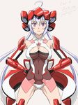  ahoge ass_visible_through_thighs body_armor bodysuit breasts character_name cleavage copyright_name covered_navel hands_on_hips headgear large_breasts legs_apart leotard purple_eyes senki_zesshou_symphogear silver_hair sketch solo uotarou_(water-tank-60cm) white_background yukine_chris 