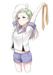  antenna_hair arms_up blue_shorts bow breasts closed_mouth cropped_legs expressionless green_bow green_eyes green_hairband gym_shorts hair_bow hairband highres holding kantai_collection kinugasa_(kantai_collection) long_hair looking_away looking_to_the_side medium_breasts morinaga_miki neckerchief neckerchief_removed ribbon sailor_collar shirt short_sleeves shorts simple_background sleeve_cuffs solo standing stretch white_background white_ribbon white_shirt yellow_neckwear 