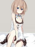  bare_shoulders bed blanc blancpig_yryr blue_eyes blush breasts brown_hair cleavage dress dress_tug highres leg_up looking_at_viewer neptune_(series) short_hair simple_background sitting small_breasts solo 