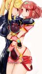  2girls blonde_hair blush breasts homura_(xenoblade_2) large_breasts long_hair medium_breasts metroid multiple_girls nintendo ponytail purple_eyes red_eyes red_hair samus_aran smile standing xenoblade xenoblade_2 yuri 