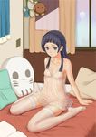  :/ absurdres black_eyes black_hair blurry book breasts closed_mouth collarbone curtains cushion depth_of_field frills full_body hair_over_shoulder half_updo highres indoors lingerie long_hair negligee no_shoes on_bed open_book oribe_ririko pillow pubic_hair pussy sakura_quest see-through sitting small_breasts solo stuffed_animal stuffed_toy thighhighs underwear wariza white_legwear window xue_ran 
