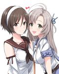  :d antenna_hair belt breasts brown_eyes brown_hair detached_sleeves green_eyes hair_ribbon hairband highres kantai_collection kinugasa_(kantai_collection) light_brown_hair long_hair looking_at_viewer medium_breasts morinaga_miki multiple_girls natori_(kantai_collection) neckerchief open_mouth ribbon sailor_collar short_hair smile upper_body white_background white_hairband 