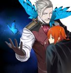  1girl arm_around_back bad_id bad_pixiv_id bangs black_gloves blue_eyes brown_eyes bug butterfly closed_mouth commentary_request facial_hair fate/grand_order fate_(series) feng_ze fujimaru_ritsuka_(female) gloves hair_between_eyes hair_ornament hand_up highres insect james_moriarty_(fate/grand_order) looking_at_viewer looking_back mustache one_eye_closed orange_hair profile side_ponytail sidelocks silver_hair vest 